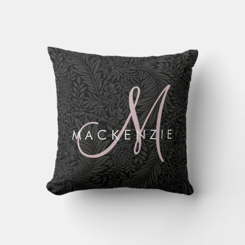 Elegant Black Floral Blush Pink Script Monogram Throw Pillow