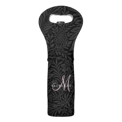 Elegant Black Floral Blush Pink Script Monogram Wine Bag