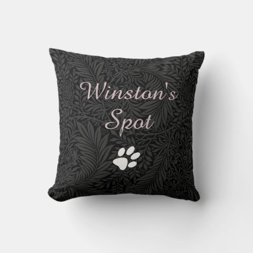 Elegant Black Floral Blush Pink Script Pet Name Throw Pillow