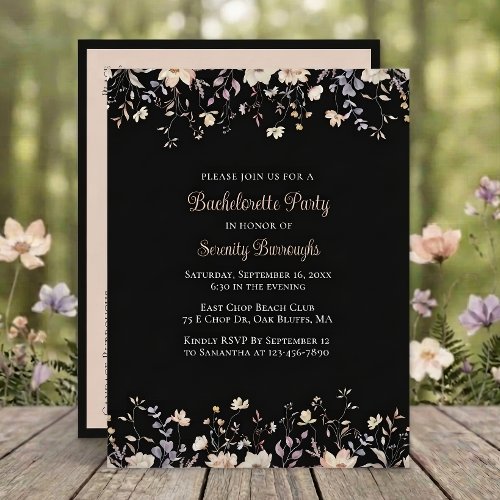 Elegant Black Floral Boho Bachelorette Party Invitation Postcard