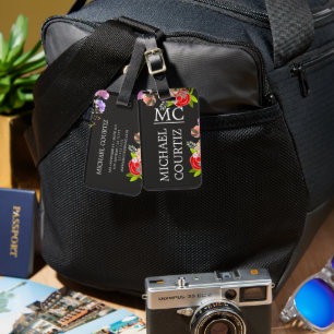 Elegant black floral botanical flower Monogrammed Luggage Tag