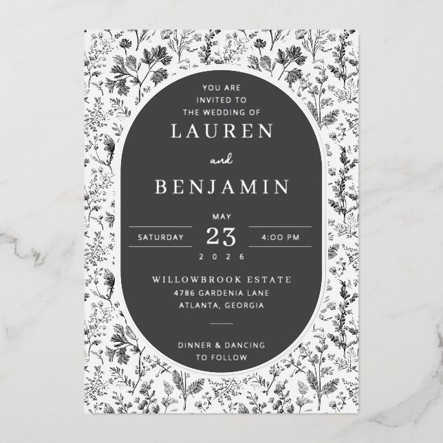 Elegant Black Floral Botanical Foil Invitation (Front)