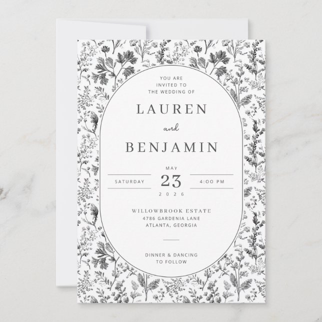 Elegant Black Floral Botanical Invitation (Front)