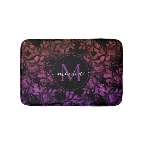 Elegant Black Floral Botanical Watercolor Monogram Bath Mat