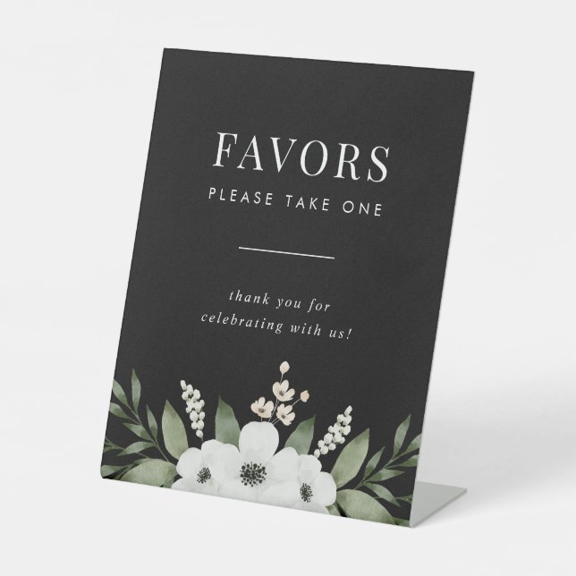 Elegant Black Floral Botanical Wedding Favors Sign (Front)