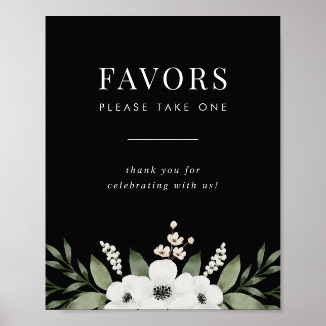 Elegant Black Floral Botanical Wedding Favors Sign (Front)