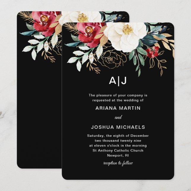 Elegant Black Floral Bouquet Holiday Wedding Invitation (Front/Back)