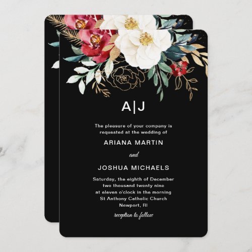 Elegant Black Floral Bouquet Holiday Wedding Invitation