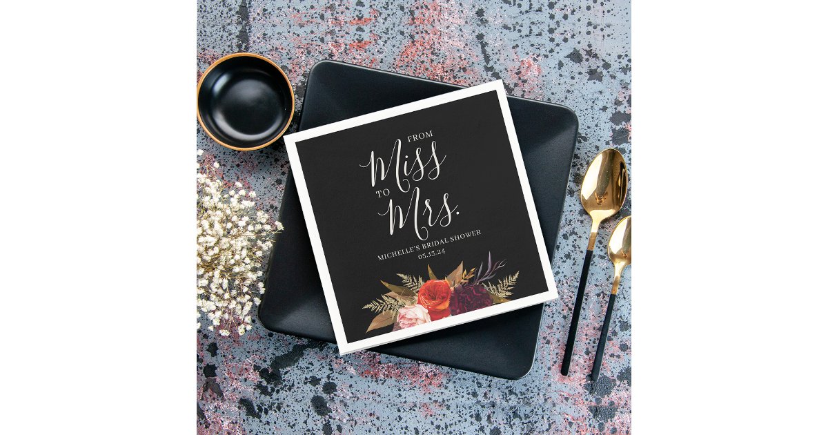 Elegant Black Floral Bridal Shower Napkins | Zazzle