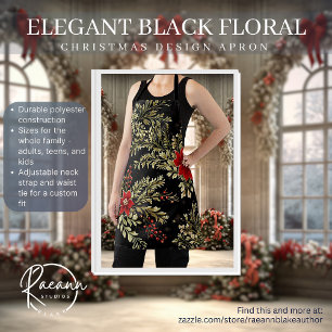 Elegant Black Floral Christmas Design Apron