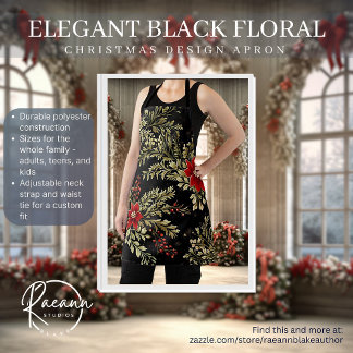 Elegant Black Floral Christmas Design Apron