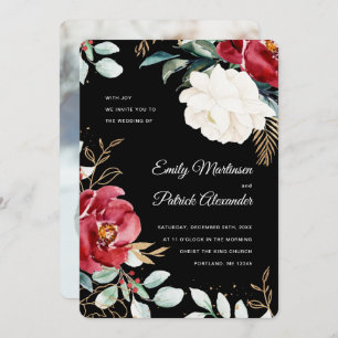 Elegant Black Floral Christmas Photo Wedding Invitation
