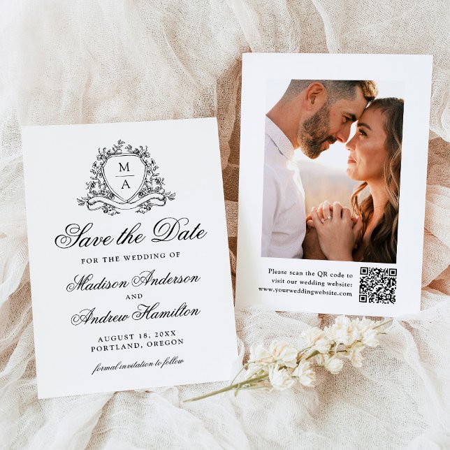 Elegant Black Floral Crest Monogram Photo Wedding Save The Date (Creator Uploaded)