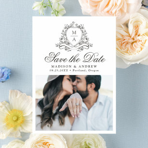 Elegant Black Floral Crest Monogram Save the Date Letterpress Photo Cards