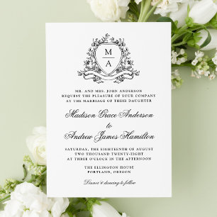 Elegant Black Floral Crest Monogram Wedding Invitation