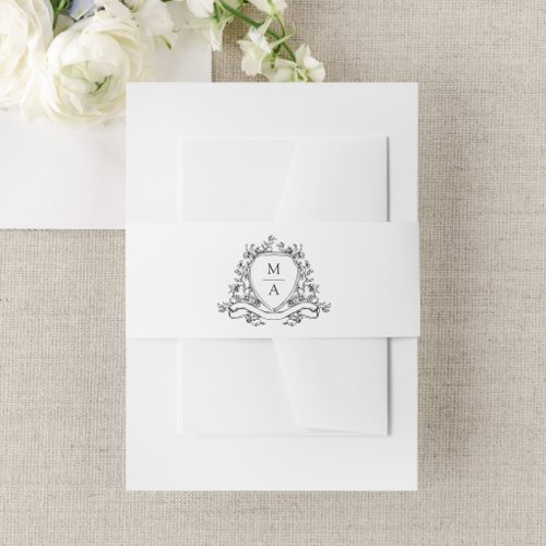 Elegant Black Floral Crest Monogram Wedding Invitation Belly Band