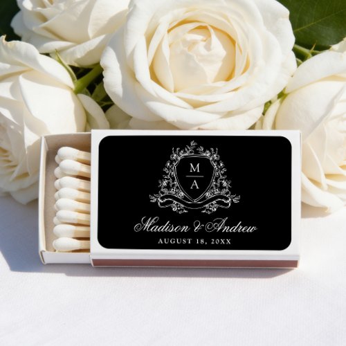 Elegant Black Floral Crest Monogram Wedding Matchboxes