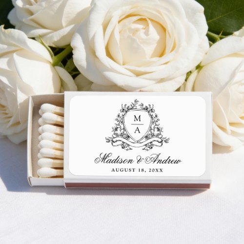 Elegant Black Floral Crest Monogram Wedding Matchboxes