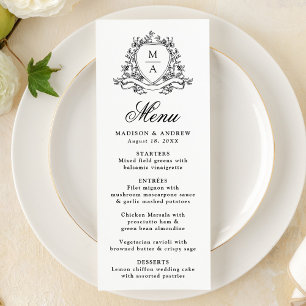 Elegant Black Floral Crest Monogram Wedding Menu