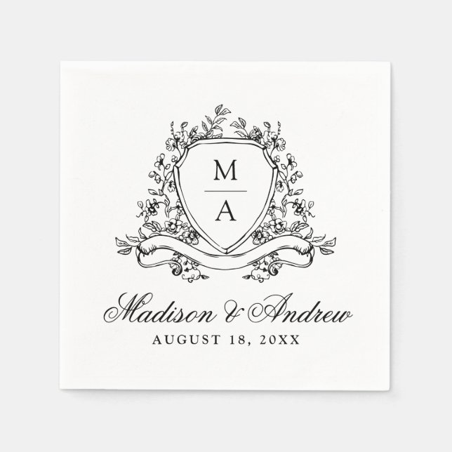Elegant Black Floral Crest Monogram Wedding Napkins (Front)