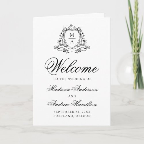 Elegant Black Floral Crest Monogram Wedding Program