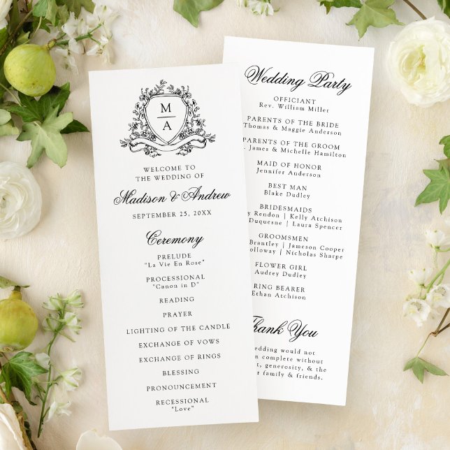 Elegant Black Floral Crest Monogram Wedding Program (Creator Uploaded)
