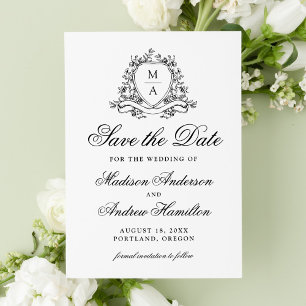 Elegant Black Floral Crest Monogram Wedding Save The Date