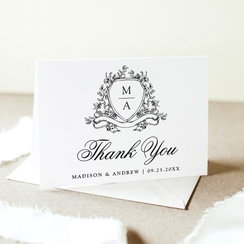 Elegant Black Floral Crest Monogram Wedding Thank You Card