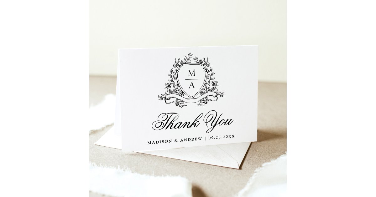 Elegant Black Floral Crest Monogram Wedding Thank You Card | Zazzle