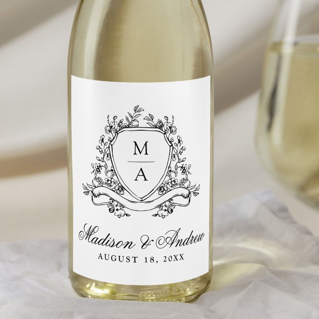 Elegant Black Floral Crest Monogram Wedding Wine Label (Creator Uploaded)