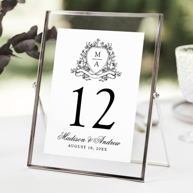 Elegant Black Floral Crest Wedding Table Number (Creator Uploaded)