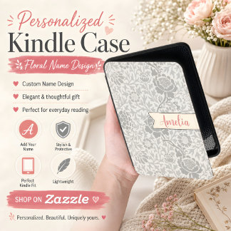 Elegant Black Floral Custom Name Kindle Cover