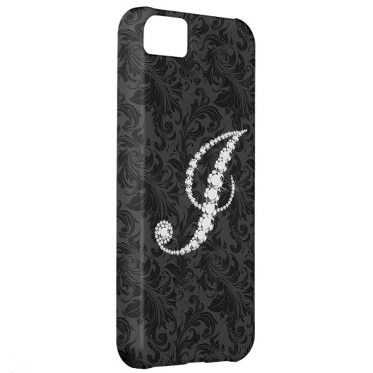Elegant Black Floral Damas Diamonds Initial J Case-Mate iPhone Case (Back/Right)