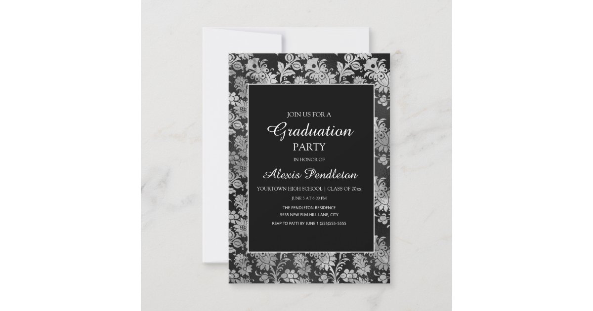 Elegant Black Floral Damask Graduation Invitation | Zazzle