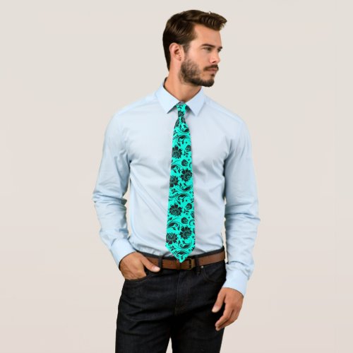 Elegant Black Floral Damasks Turquoise Background Neck Tie