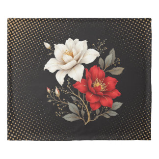 Elegant Black Floral Duvet Cover with Red & White