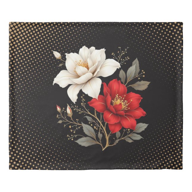 Elegant Black Floral Duvet Cover with Red & White  (Front)