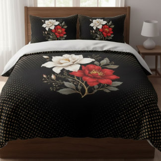 Elegant Black Floral Duvet Cover with Red & White