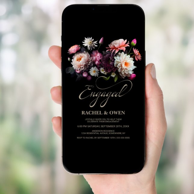 Elegant Black Floral Engagement Party Invitation (Front Digital)