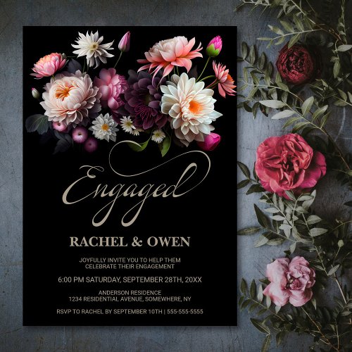 Elegant Black Floral Engagement Party Invitation