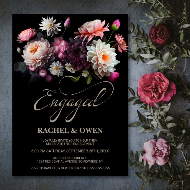 Elegant Black Floral Engagement Party Invitation (Creator Uploaded)