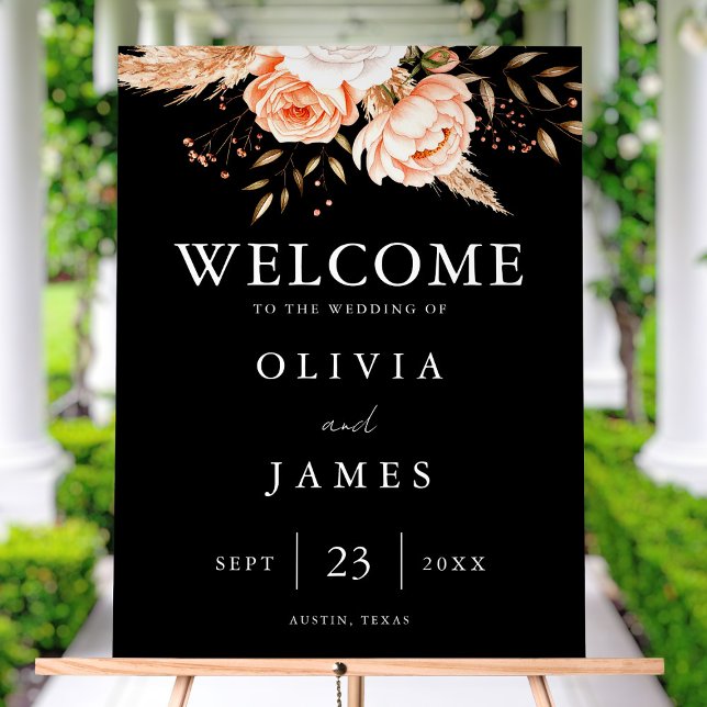 Elegant Black Floral Fall Wedding Welcome Acrylic Sign (Creator Uploaded)