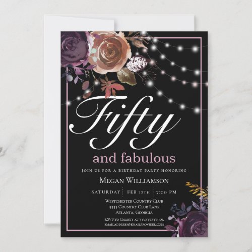 Elegant Black Floral Fifty and Fabulous Birthday Invitation