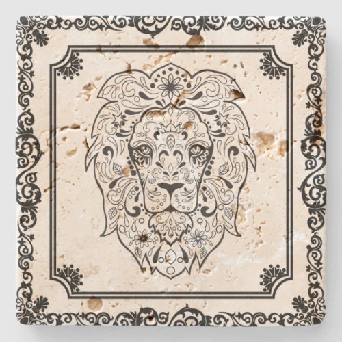 Elegant Black  Floral Frame Lion Sugar Skull Stone Coaster