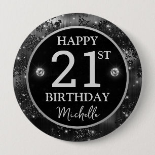 Elegant Black Floral Glitter Silver Birthday Button