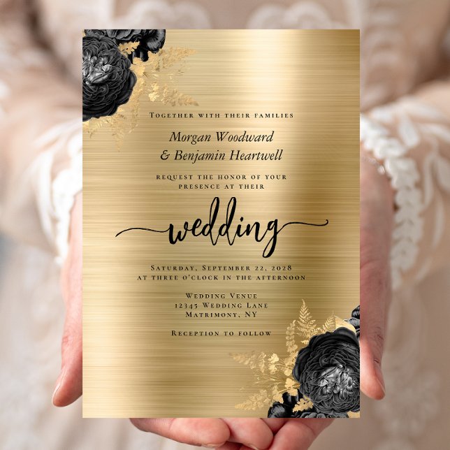 Elegant Black Floral Gold Brushed Metal Wedding Invitation (Creator Uploaded)