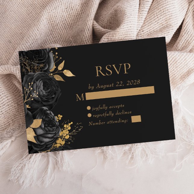 Elegant Black Floral Gold Dark Wedding RSVP Card (Creator Uploaded)