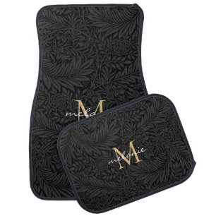 Elegant Black Floral Gold Monogram Car Floor Mat