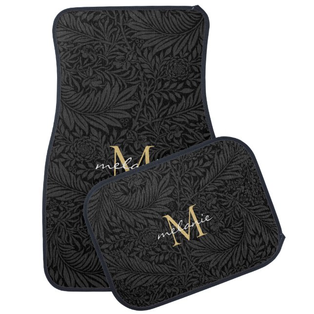 Elegant Black Floral Gold Monogram Car Floor Mat (Set)