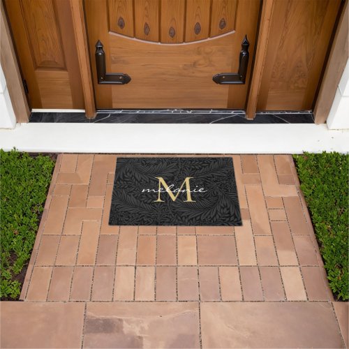 Elegant Black Floral Gold Monogram Doormat